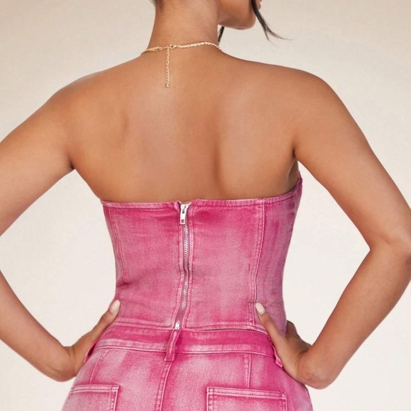 Pink Preppy Womens Solid Tube Denim Top - Picture 2 of 5